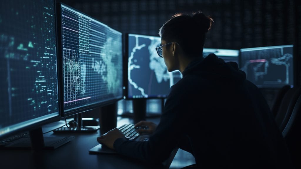 Side View Of Young Hacker In Eyeglasses Using Computer At Night